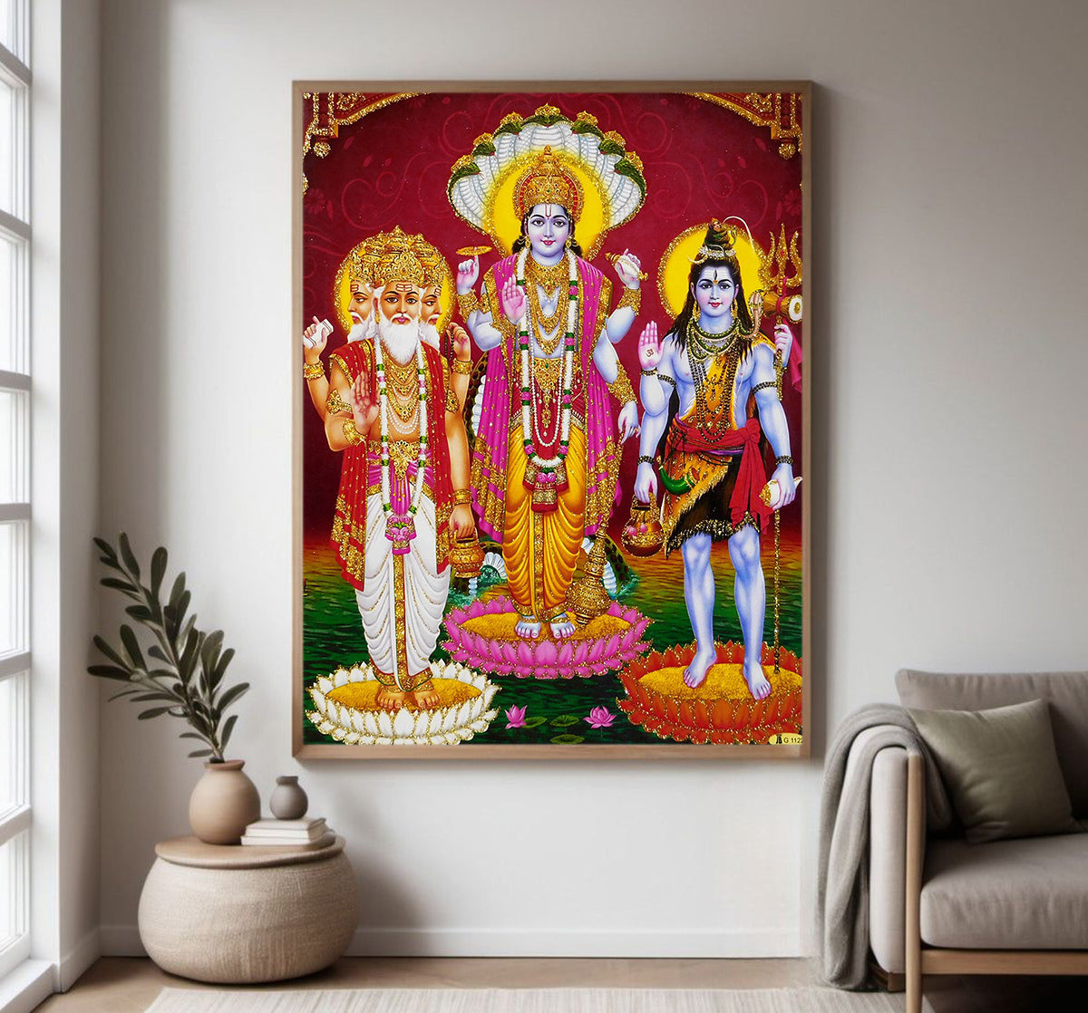 Brahma Vishnu Mahesh Lord Shiv Shiva Trimurti Wall Painting Framed Home Decor